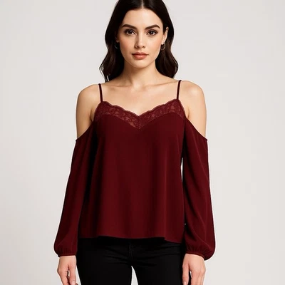 Express Burgundy Lace Trim Cold Shoulder Cami Top Blouse L Chiffon Romantic Goth - Image 1 of 4