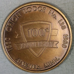 Orion Lodge 138 ~ Atwater, Minn, !00 aniversario centavo masónico grande ~ ficha - Imagen 1 de 2