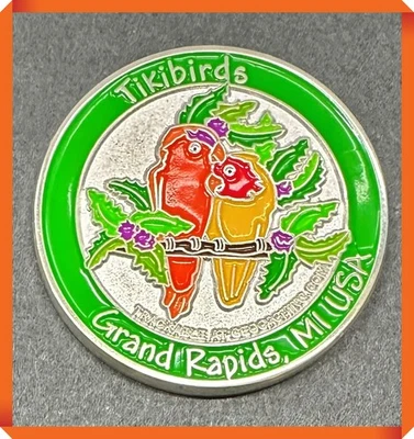 Geocoin Tikibirds Grand Rapids Michigan Polished Nickel Unactivated - Image 1 of 2