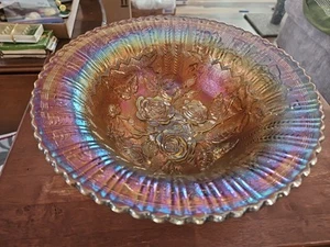 Imperial Glass Carnival Aurora Borealis Lustre Open Rose Footed Ruffle Bowl 11" - Picture 1 of 12