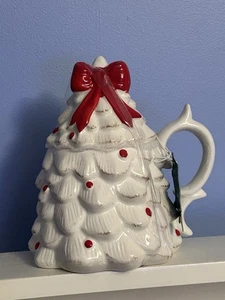 tazza albero di natale fiocco bianco e rosso con coperchio tazza caffè ceramica NUOVA! - Foto 1 di 5