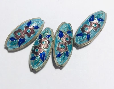 Lote de 4 cuentas florales ovaladas esmaltadas flores azules artesanías fabricación de joyas cuatro piezas Foto 1 de 4
