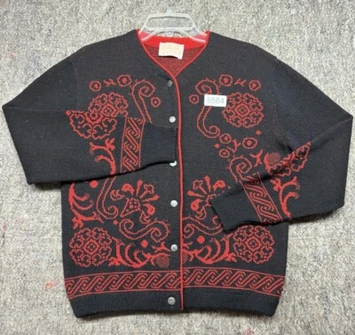 复古 Pendleton 开衫毛衣女式羊毛黑色红色 L 码美国制造 — 第 1/4 张图片