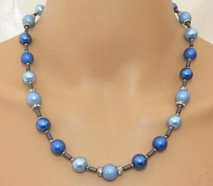 Halskette Perlenkette Glasperlen Dunkelblau Hellblau Hämatit Silber Strass 244 - Bild 1 von 11