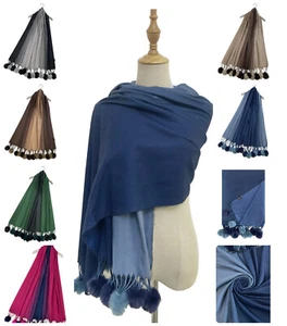 Women Christmas Gift Ombre Wool & Faux Fur Pom Pom Duo Tone Festive Scarf 7256 - Picture 1 of 13