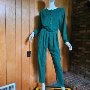 Vintage 80s Fads New Wave Preppy Peg Leg Pleated Waist Green Check Jumpsuit L - Picture 1 of 7