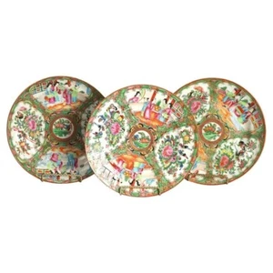 Tres cuencos bajos antiguos chinos medallón rosa porcelana con escenas de género C1900 - Imagen 1 de 10