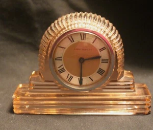 CZECH PINK GLASS ART DECO MINIATURE MANTEL CLOCK - Picture 1 of 6
