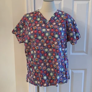 Dickies Scrub Top Halloween XL Pumpkins Bats Ghost Purple Cotton Scrubs CNA VA - Picture 1 of 5