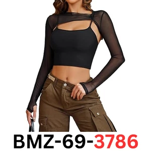 Avidlove Women Long Sleeve Crop Top See Through Sheer Blouse Sexy Outfit, Blk XS - Picture 1 of 7