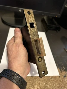 7 x 1” ANTIQUE PLATED CAST IRON FACE FEMALE SINGLE POCKET BARN DOOR MORTISE LOCK - Picture 1 of 10