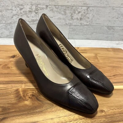 Salvatore Ferragamo Talla 7 AAA Tacones Estrechos Cuero Marrón Estampado Iguana -NUEVOS Foto 1 de 4