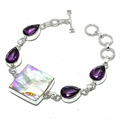 Abalone Shell Amethyst 925 Sterling Silver Bracelet Adjustable Free Gift Bag - Image 1 of 4
