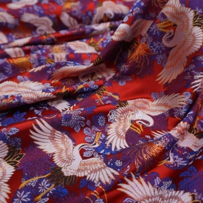 1 Meter Red Brocade Fabric Crane Pattern Silky Satin Cloth Chinese Retro Sewing - Image 1 of 4