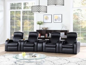 BLACK TOP GRAIN LEATHER MATCH 4 RECLINER 1 CONSOLE THEATER SEATS FURNITURE SET - Picture 1 of 14