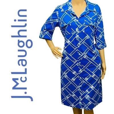 Vestido Camisa J. McLaughlin Tela Catalina Azul Bambú/Geo Bolsillos Abotonados Talla L Foto 1 de 4