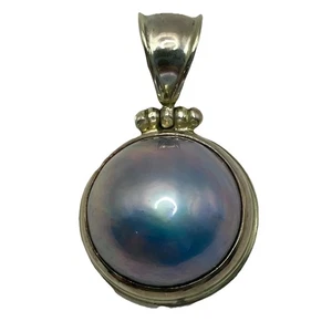 Perla Mabe azul cultivada del Mar del Sur en colgante de plata de ley 925 de 1 1/8" x 5/8" - Imagen 1 de 11