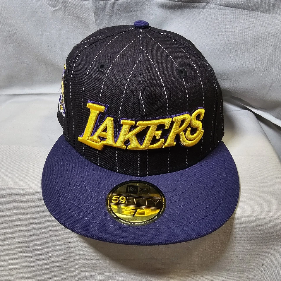 Los Angeles Lakers New Era Hat Club 75 Year Fitted Hat 7 NBA Black Pinstripe Cap - Image 1 of 4