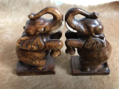 Serre Livres Ancien Éléphants En Pierre Peint À La Main fin XIX Debut XX - Photo 1/4