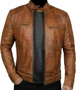Men's Antique Brown Slim Fit Biker Leather Jacket | Mens Mototcycle Brown Jacket - Picture 1 of 6