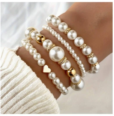 4er SET  Perlen Charm Armband - Mehrlagige Stretch Armbänder Damen Silber Gold - Bild 1 von 4