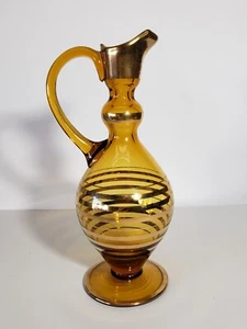 Hermosa jarra de vino rumana vintage de vidrio ámbar con rayas doradas retro MCM - Imagen 1 de 10