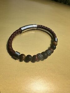 Inox men’s collective bead and brown leather bracelet with stainless steel.