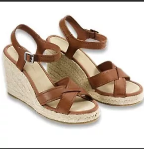 Cuñas para mujer Tommy Bahama punta abierta talla 9,5 tiras de coñac Raffia cuero marrón - Imagen 1 de 7