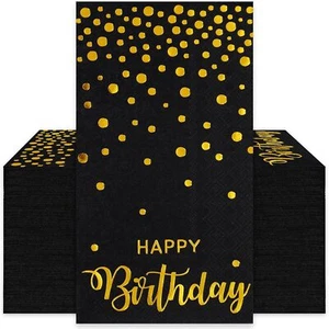 50Pcs Happy Birthday Guest Napkins Black Gold Foil Dots Birthday Disposable Pape - Picture 1 of 3