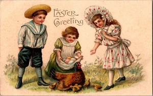 Cartolina Auguri di Pasqua Bambini Pollo Pollo Diviso Indietro Timbrato 1907 - Foto 1 di 2