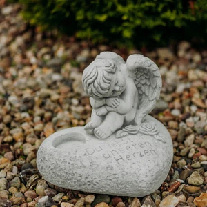 Steinfigur Grabdeko Herz mit Engel H. 26 cm, 26 x 30 cm, 14 kg, grau frostsicher - Bild 1 von 9