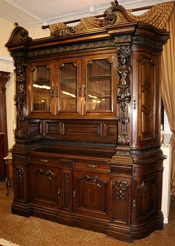19th Century Italian Walnut Figural Renaissance Revival Buffet Sideboard Cabinet Cover