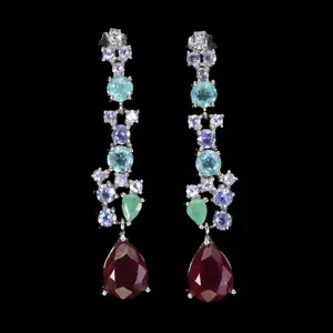 925 Sterling Silver Earrings Pear Ruby 9x7mm Apatite Tanzanite Gemstone Jewelry - Picture 1 of 14