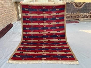Vintage Afghan Pictorial Birds Rug 4'9x6'7 ft – Hand Knotted Wool Animal Design - Picture 1 of 10