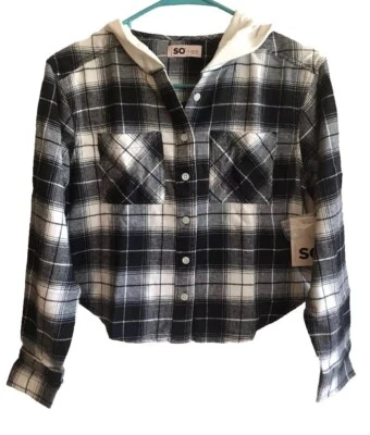SO Girls Flannel Shirt Hoodie Size Large 10-12 Cropped Plaid New - Image 1 of 4