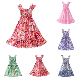 Kids Girls Summer Bohemian Dresses Floral Sleeveless Rainbow Beach Sundress - Picture 1 of 32
