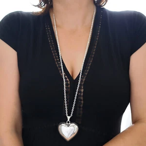 925 Sterling Silver Puffy Heart Necklace Chunky Puffed Love Heart Link Chain - Picture 1 of 5