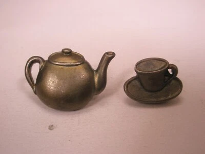set of Tea Pot & Cup PEWTER Vintage Tie Tack Lapel Pin service z57 - Image 1 of 4