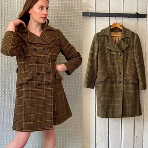 Vintage 60s Mod Olive Green Brown Wool Tweed Glen Plaid PeaCoat by Lassie size M - Picture 1 of 15