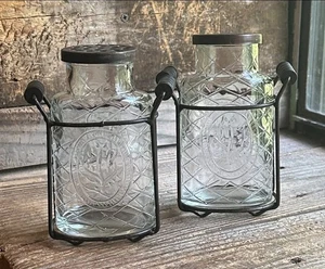 Pair Of Clear glass Vases with metal frogs & stands - Picture 1 of 5