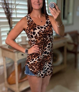 Tank Top Womens Small Brown Leopard Loose Scoop Neck Summer Vacation Beach Sexy - Picture 1 of 11