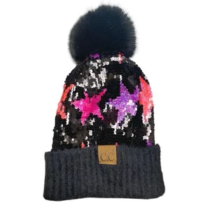 C.C Women's Black Multicolor Sequin Faux Fur Pom Pom Folded Beanie Hat One Size - Picture 1 of 4