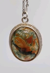 Moosachat Anhänger Halskette Sterlingsilber 18 Zoll ausgefallene Gliederkette Vintage oval - Bild 1 von 10