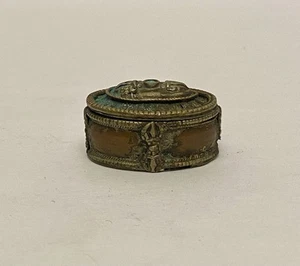 Antique Tibet Nepal Turquoise Inlay Brass Trinket Box Early 20th Century A-16. - Picture 1 of 8