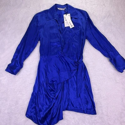 Zara Satin Effect Wrap Blue Mini Dress Women’s Size XS NWT - Image 1 of 4