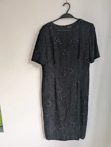 House Of Fraser Black Silk Beaded Short Sleeve Shift Dress Size 14 (T31) - Picture 1 of 8