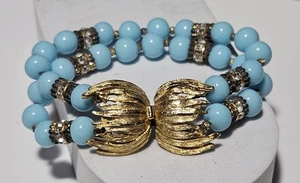 Early Miriam Haskell? Blue Turquoise Glass Beads Bracelet Unsigned 7.5" - Picture 1 of 24