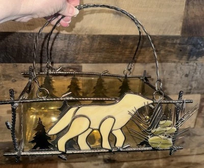 Stained Glass And Metal Lined Basket 11”x4”x6.5” Animal And Trees - Image 1 of 4
