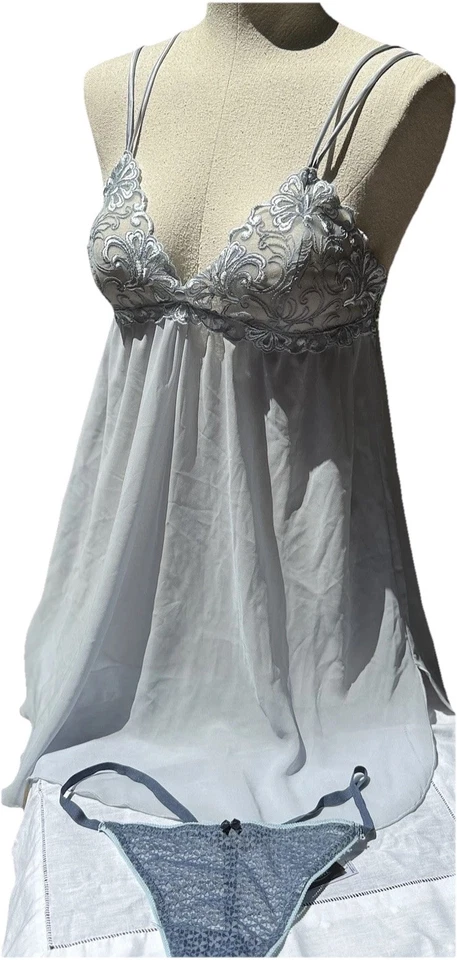 LISE CHARMEL Кокетливое Шифоновое Платье Вышитые Прозрачные Чашки Синий Серый M + Трусики L - Изображение 1 из 4