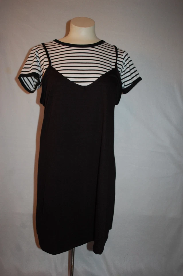 VESTIDO FEMININO S/S LISTRADO PRETO BRANCO em camadas casual gola V túnica top S 4-6 - Imagem 1 de 1